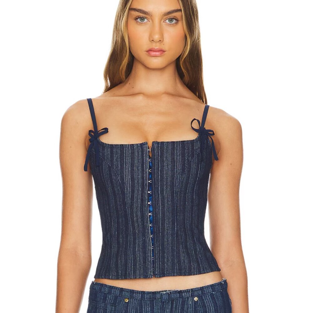 Charismatic Denim Corset in Dark Pinstripe LIONESS Size: M Color: Dark Denim